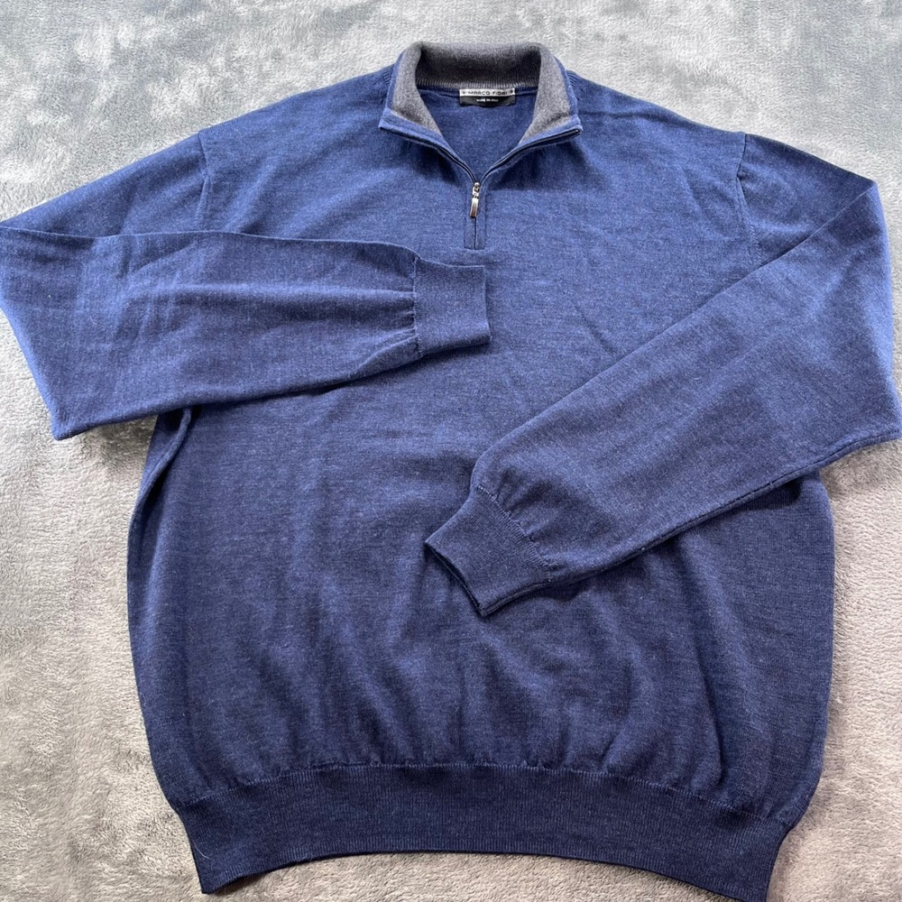 Marco Fiori Italy Mens Blue Extrafine Merino Wool Quarter Zip Sweater XL